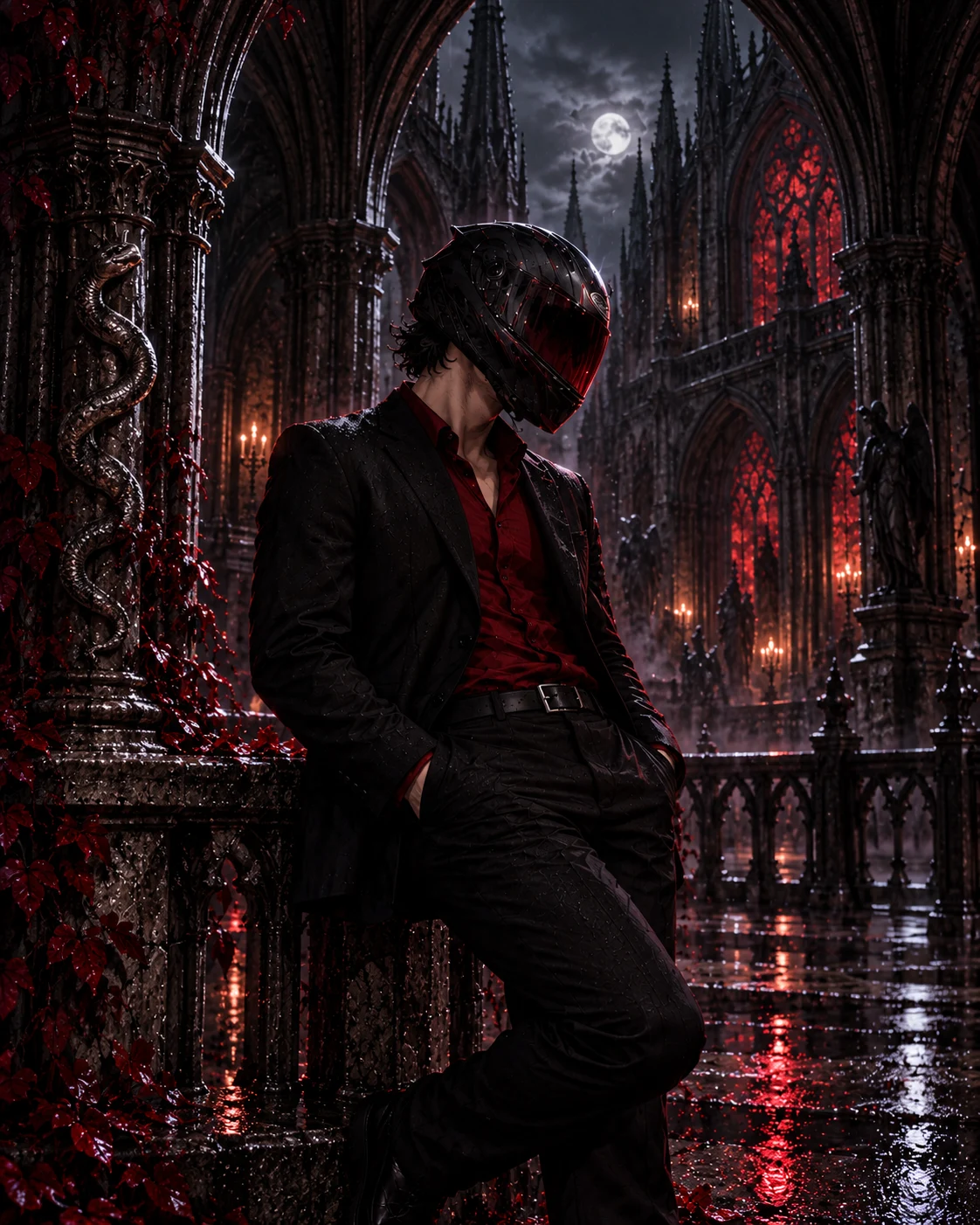 Nox_vyper’s helmeted persona in a black suit, standing in a rain-soaked gothic cloister with carved serpents and moonlit stained glass.